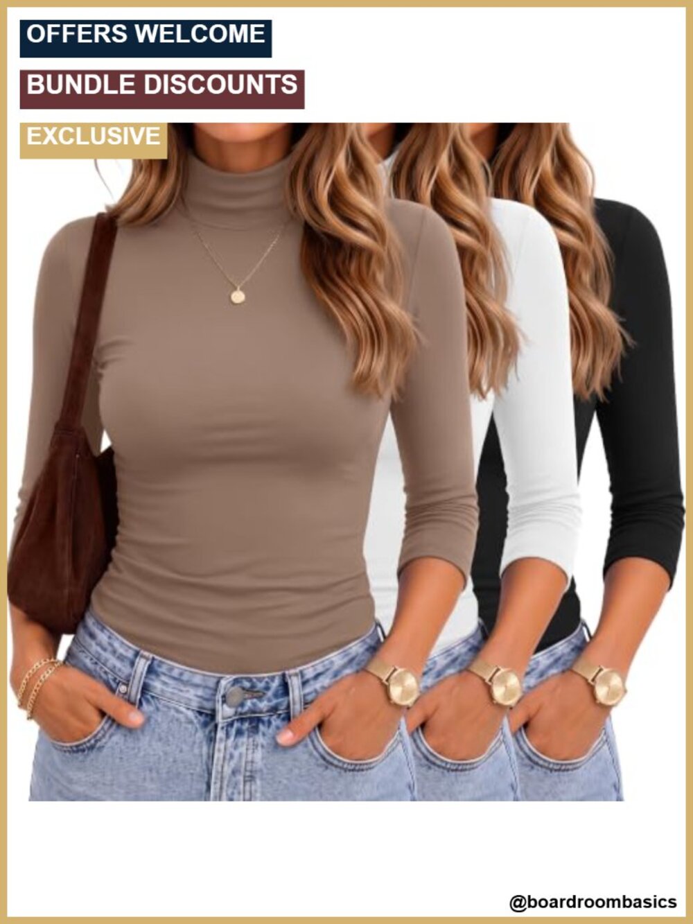 3 Pack Women's Mock Neck 3/4 Sleeve Cotton Blend Tops